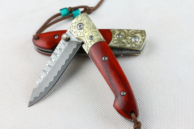 Damascus Red Tan chariot folding knife UD402204